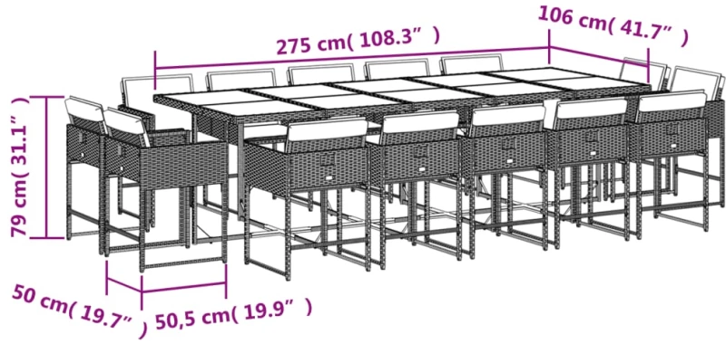 vidaXL Σετ Τραπεζαρίας Κήπου 15 τεμ. Γκρι Συνθετικό Ρατάν με Μαξιλάρια