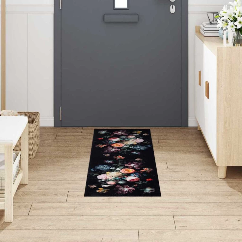 vidaXL Χαλί Κουζίνας Floral Μαύρο 150 x 45 εκ Βελούδο