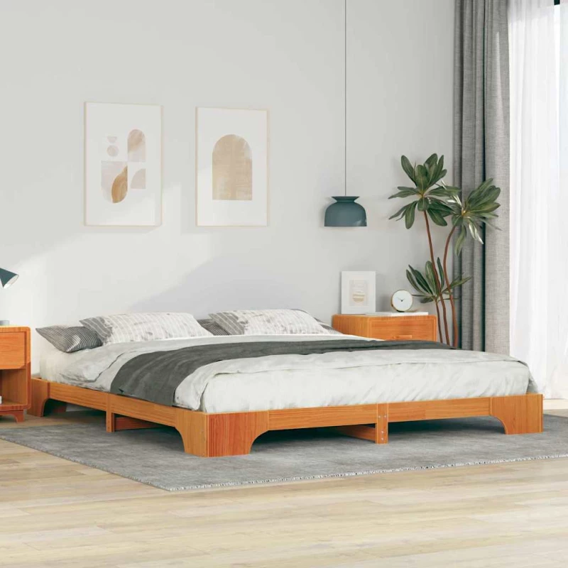 vidaXL Κρεβάτι δαπέδου Καφέ 200 x 220 cm Μασίφ ξύλο πεύκου