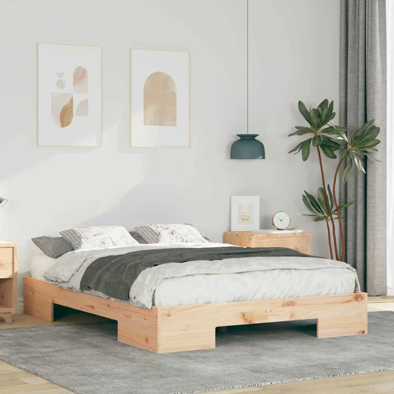 vidaXL Κρεβάτι δαπέδου Καφέ 135 x 190 cm Μασίφ ξύλο πεύκου