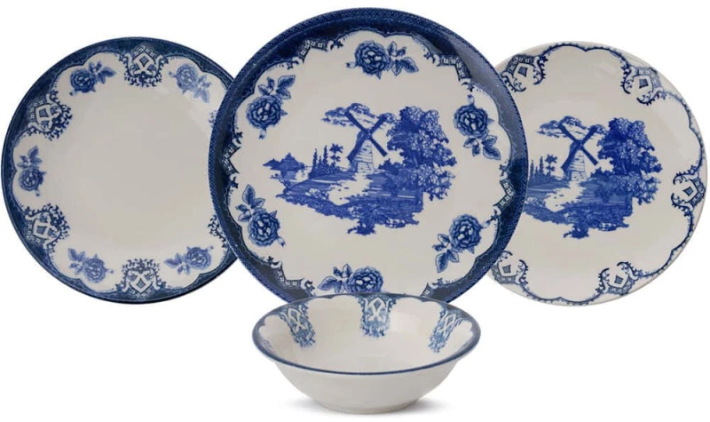 Σερβίτσιο Πιάτα Φαγητού Bluecourt (Σετ 24Τμχ) 520ZNO1104 White-Blue Hermia 24 τμχ Πορσελάνη