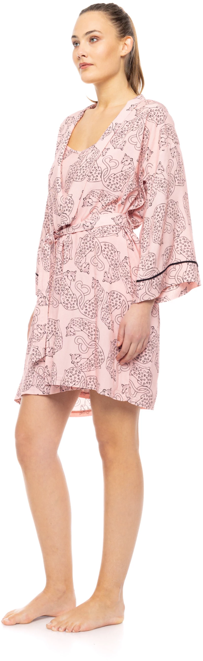 Γυναικεία ρόμπα Pink Label - Μίνι σταυρωτή - Ροζ Leopard - Regular Fit - Cotton