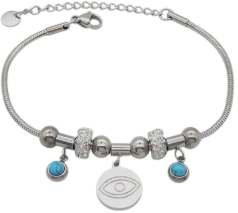 Ατσάλινο Βραχιόλι με Μάτι και Τιρκουάζ Λεπτομέρειες (B3475-1)