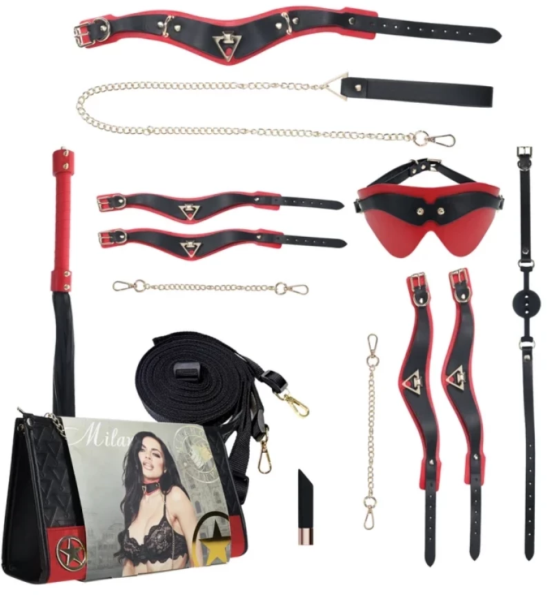 Ouch Milan Collection -Bondage Kit with Bag - Black/Red