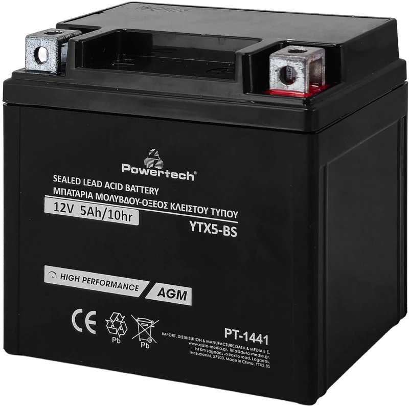 POWERTECH μπαταρία μολύβδου μοτοσυκλέτας PT-1441, 12V 5Ah, AGM, YTX5-BS