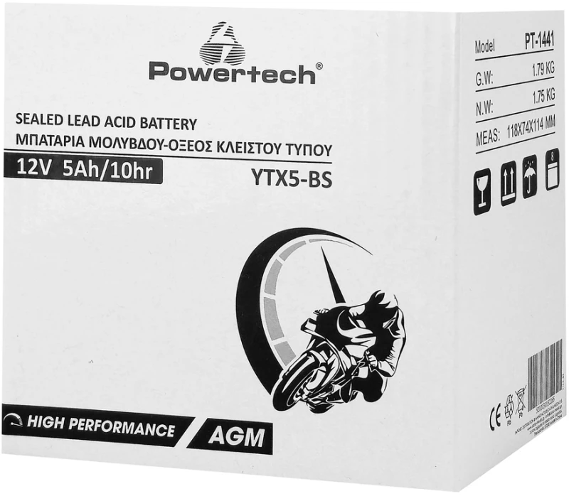 POWERTECH μπαταρία μολύβδου μοτοσυκλέτας PT-1441, 12V 5Ah, AGM, YTX5-BS