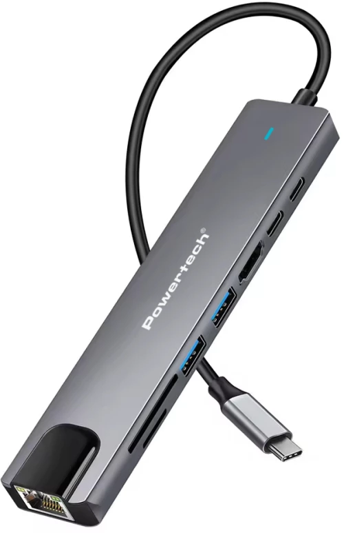 POWERTECH docking station PT-1537, 8 θυρών, USB-C σύνδεση, 100W PD, 1000Mbps, γκρι