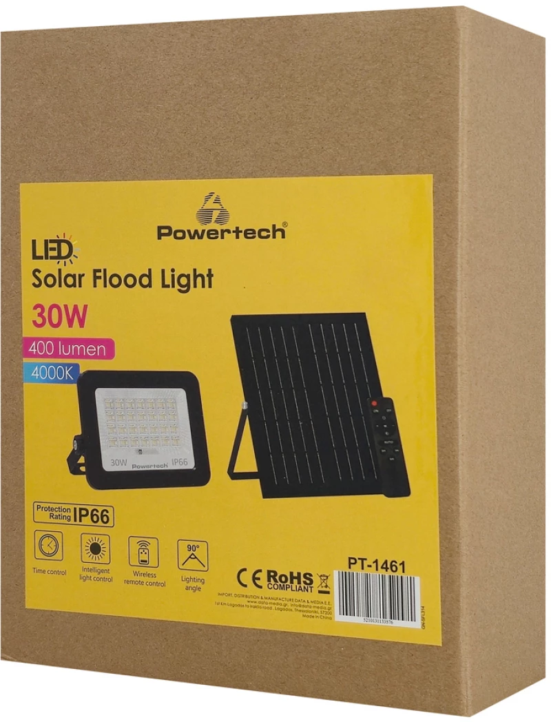 POWERTECH LED ηλιακός προβολέας PT-1461 με τηλεχειριστήριο, 30W, 4000K, 400lm, IP66