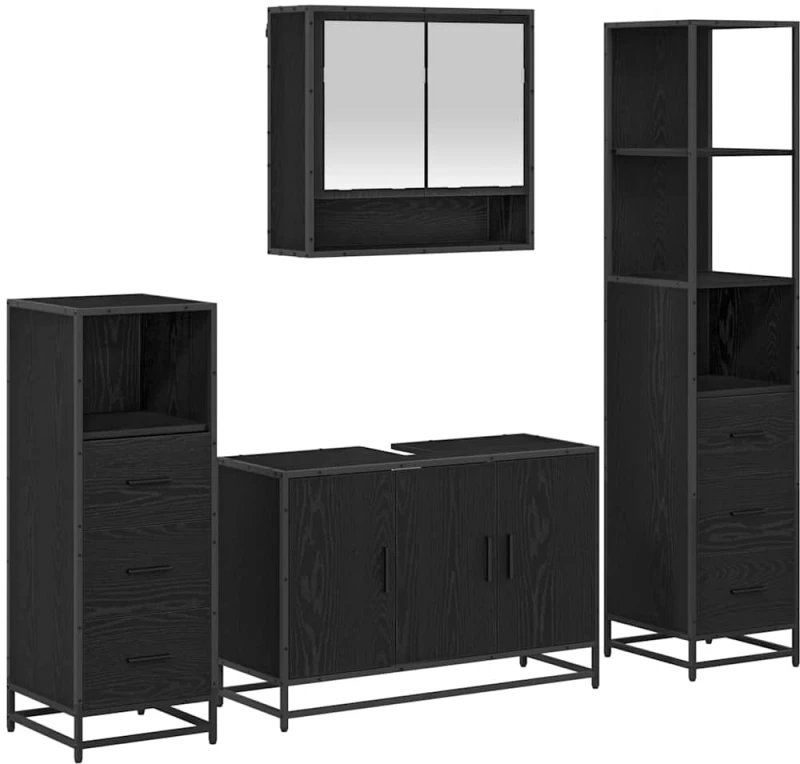 vidaXL Σετ Επίπλων Μπάνιου με ράφι 4 pcs Μαύρη Οξυά Επεξεργασμένο ξύλο