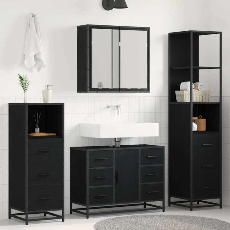 vidaXL Σετ Επίπλων Μπάνιου με ράφι 3 pcs Μαύρη Οξυά Επεξεργασμένο ξύλο