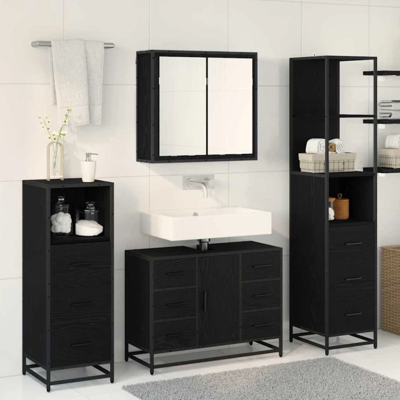 vidaXL Σετ Επίπλων Μπάνιου με ράφι 3 pcs Μαύρη Οξυά Επεξεργασμένο ξύλο