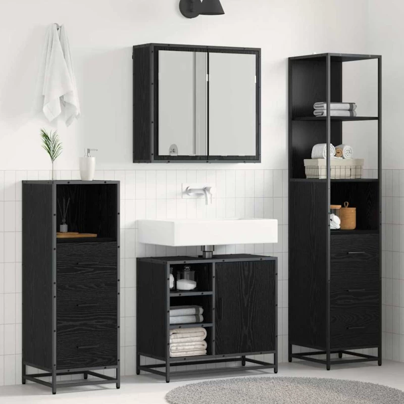 vidaXL Σετ Επίπλων Μπάνιου με ράφι 3 pcs Μαύρη Οξυά Επεξεργασμένο ξύλο