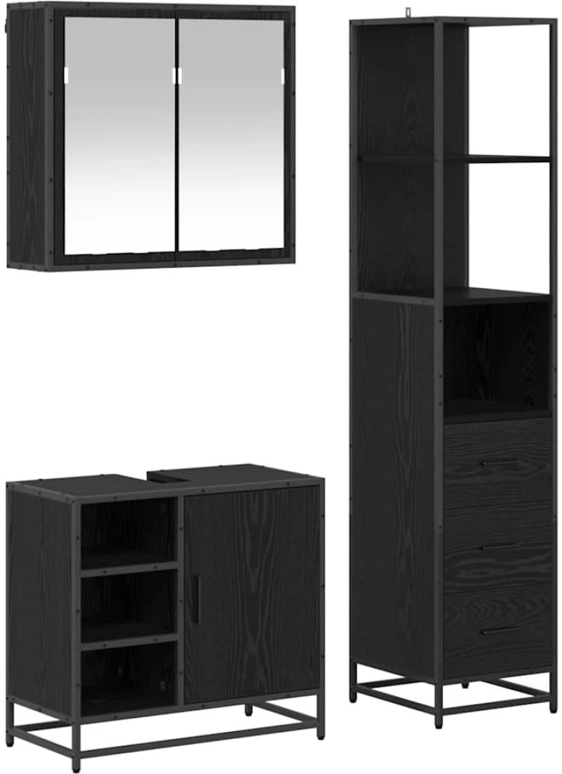 vidaXL Σετ Επίπλων Μπάνιου με ράφι 3 pcs Μαύρη Οξυά Επεξεργασμένο ξύλο