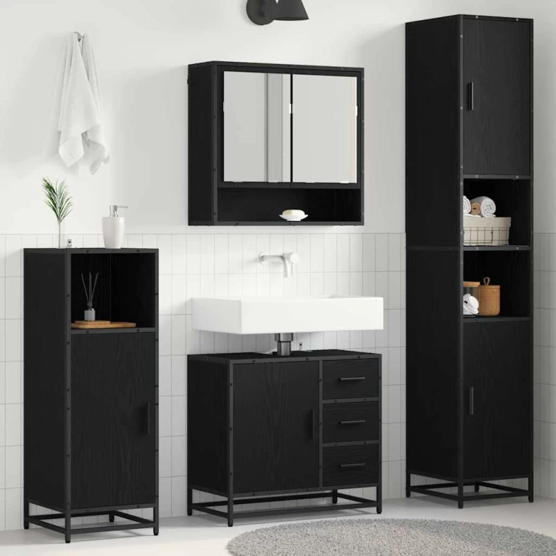 vidaXL Σετ Επίπλων Μπάνιου με ράφι 4 pcs Μαύρη Οξυά Επεξεργασμένο ξύλο