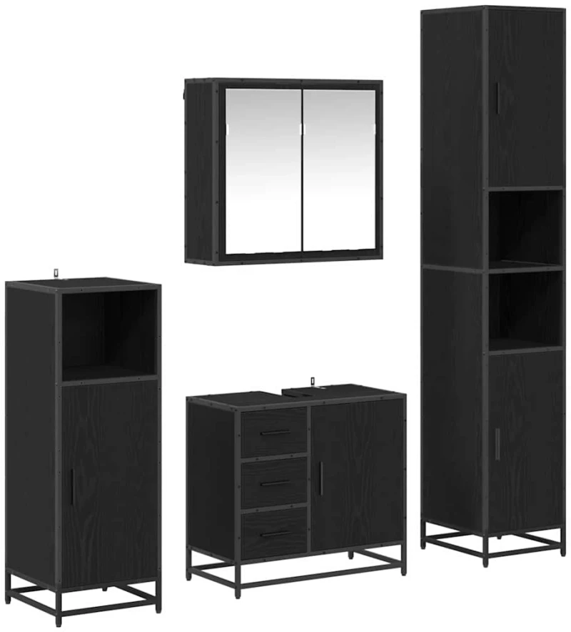 vidaXL Σετ Επίπλων Μπάνιου με ράφι 4 pcs Μαύρη Οξυά Επεξεργασμένο ξύλο