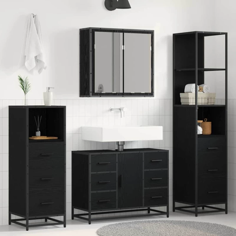 vidaXL Σετ Επίπλων Μπάνιου με ράφι 4 pcs Μαύρη Οξυά Επεξεργασμένο ξύλο