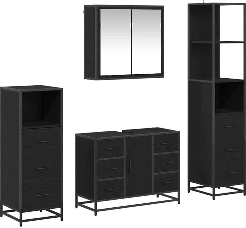 vidaXL Σετ Επίπλων Μπάνιου με ράφι 4 pcs Μαύρη Οξυά Επεξεργασμένο ξύλο