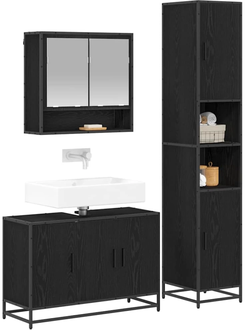 vidaXL Σετ Επίπλων Μπάνιου με ράφι 3 pcs Μαύρη Οξυά Επεξεργασμένο ξύλο