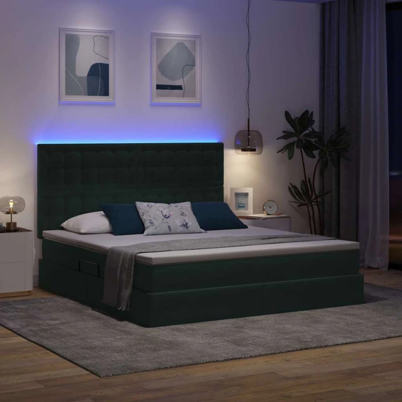 vidaXL Κρεβάτι με αποθηκευτικό χώρο και LED με στρώμα Σκούρο Πράσινο