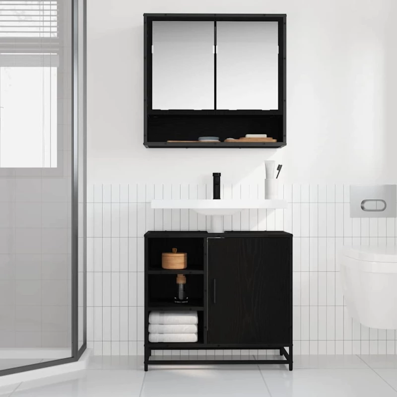 vidaXL Σετ Επίπλων Μπάνιου με ράφι 2 pcs Μαύρη Οξυά Επεξεργασμένο ξύλο