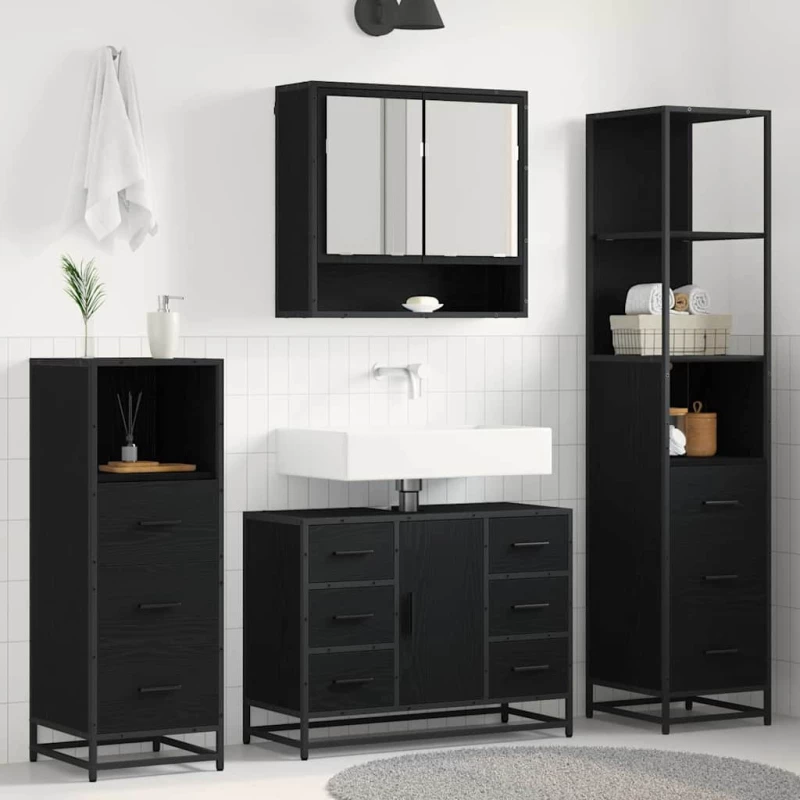 vidaXL Σετ Επίπλων Μπάνιου με ράφι 3 pcs Μαύρη Οξυά Επεξεργασμένο ξύλο