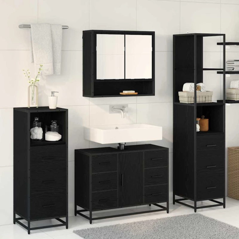 vidaXL Σετ Επίπλων Μπάνιου με ράφι 3 pcs Μαύρη Οξυά Επεξεργασμένο ξύλο