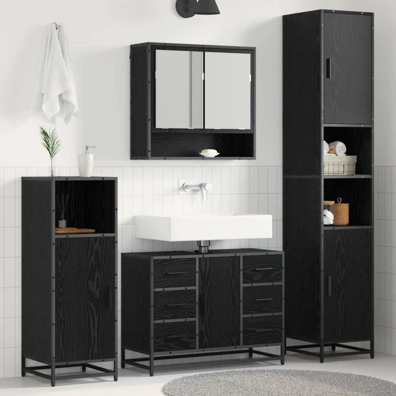 vidaXL Σετ Επίπλων Μπάνιου με ράφι 4 pcs Μαύρη Οξυά Επεξεργασμένο ξύλο