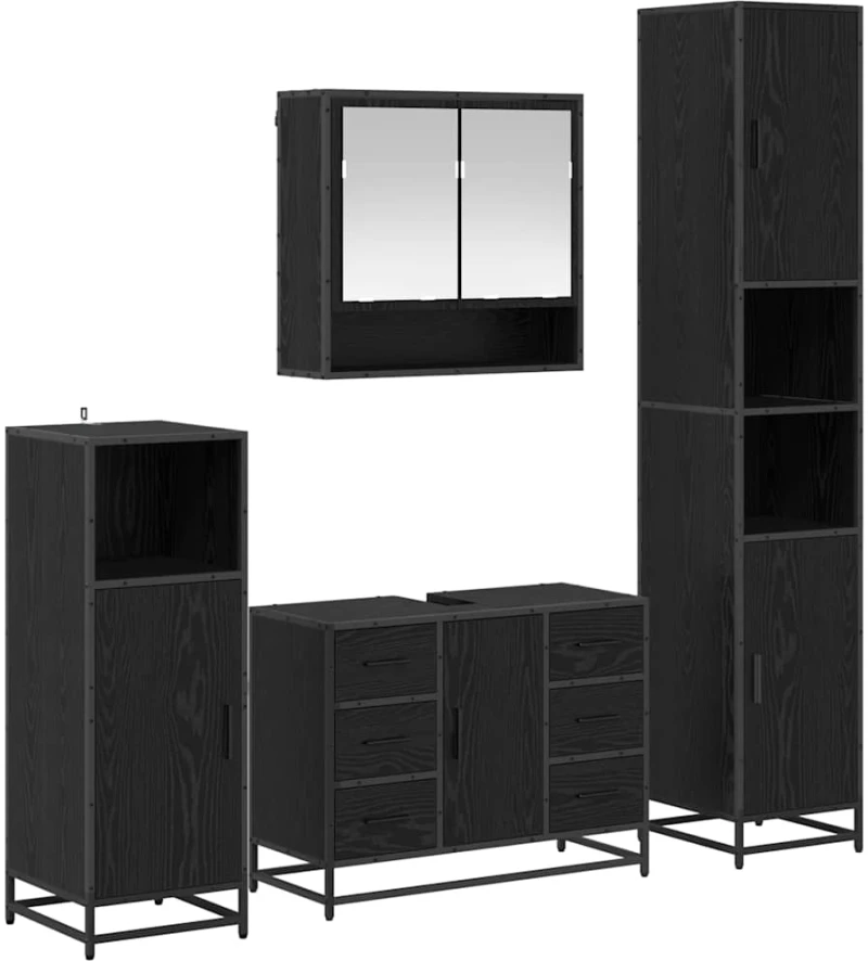 vidaXL Σετ Επίπλων Μπάνιου με ράφι 4 pcs Μαύρη Οξυά Επεξεργασμένο ξύλο
