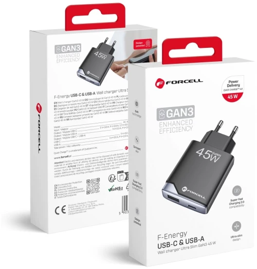 Phone Charger Forcell F-Energy Ultra Slim Gan Iii Usb C + Usb A Pd Qc4.0 3A 45W B245202(1A1C) Black