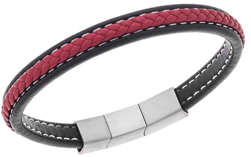 Βραχιόλι Senza Men`s Steel Black  και  Red Leather Strap SSD4258-1SRD