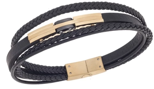 Βραχιόλι τριπλό Senza Men`s Gold Plated Steel, Black Leather Strap, με χρυσό  και  μαύρο σχέδιο SSD5792GBK
