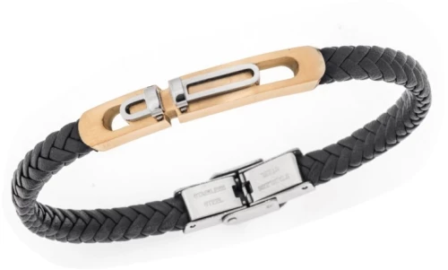 Βραχιόλι Senza Men`s Gold Plated Steel, Black Leather Strap, με δίχρωμο σχέδιο SSD5805SGD