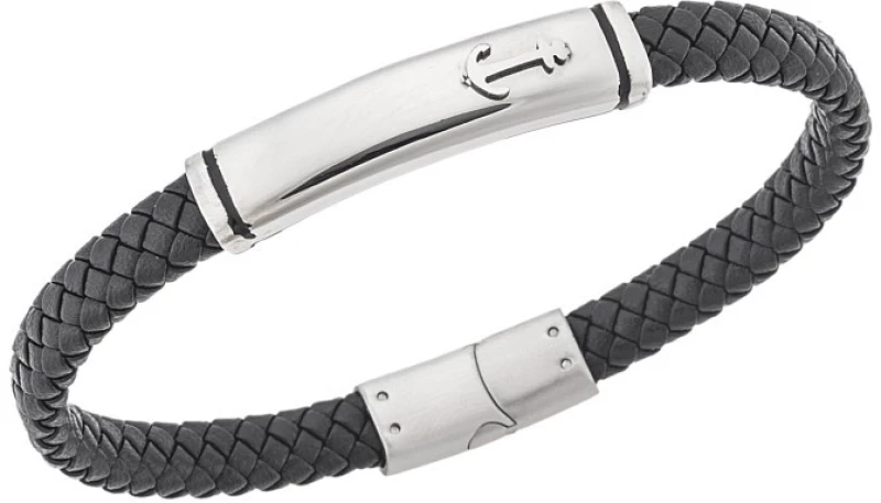 Βραχιόλι Senza Men`s Steel, Black Leather Strap With Anchor SSD5777SR