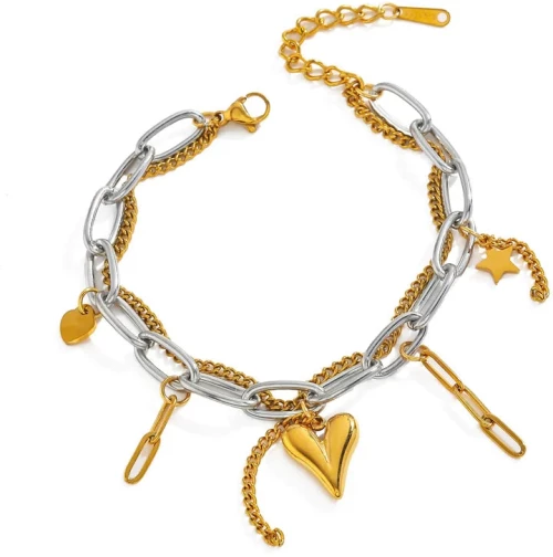 Ατσάλινο Βραχιόλι με Διπλή Αλυσίδα & Κρεμαστά – Ασημί & Χρυσό (B1740)