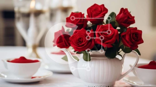 Intra Συλλεκτικό Ξύλινο Παζλ Plywood  4mm - Λευκή τσαγιέρα με κόκκινα τριαντάφυλλα και κεριά Σε Ξύλινο Κουτί - Διαστάσεις: 10x10 cm – 25 κομμάτια