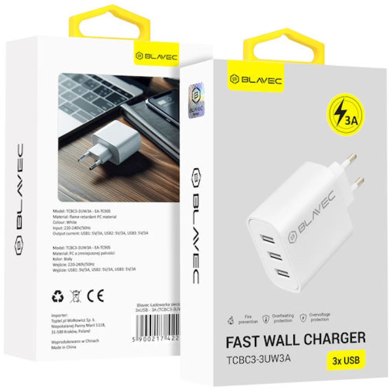 Blavec Φορτιστής Χωρίς Καλώδιο με 3 Θύρες USB-A 15W Λευκός (TCBC3-3UW3A)