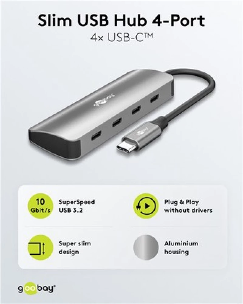 GOOBAY USB hub 76565, 4x θυρών, USB 3.2, 10Gbps, USB-C σύνδεση, γκρι - 4040849765650