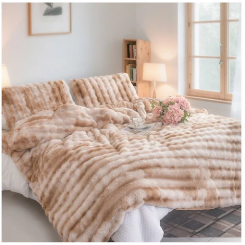 Σετ Παπλωματοθήκη Μονή με Απαλή Υφή Σαν Γούνα Τύπου Rabbit Με Μαξιλαροθήκη 160x220cm Κάμελ