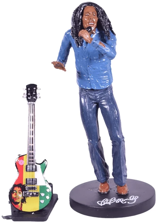 Φιγούρα Bob Marley από πολυεστέρα με ξύλινη χειροποίητη ηλεκτρική κιθάρα μινιατούρα 17 εκ