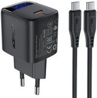 Φορτιστής Ταξιδίου Acefast A115 Fast Charging USB-C PD30W 3.0A GaN με LED Ένδειξη Φόρτισης + Καλώδιο USB-C σε USB-C Μαύρος