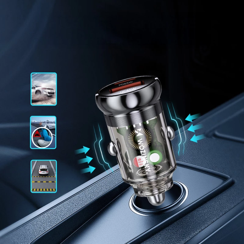 Wozinsky 65W Car Charger USB-C PD 65W / USB-A 45W QC 3.0 - Black
