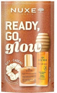 NUXE Ready, Go, Glow Huile Prodigieuse Or Ξηρό Λάδι 10ml & Reve de Miel Ενυδατικό Χειλιών 10ml & Δώρο Scrunchie Μαλλιών 1 Τεμάχιο