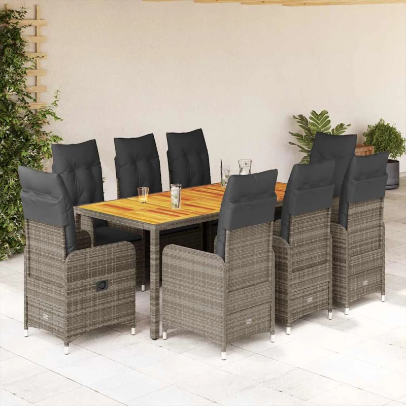vidaXL Σετ Επίπλων Bistro Κήπου 9 τεμ. Γκρι Συνθετ. Ρατάν με Μαξιλάρια