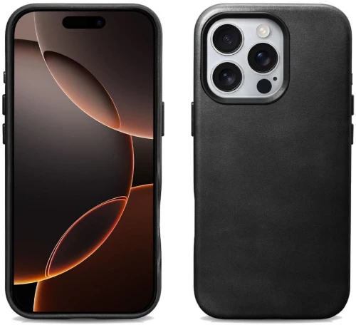 Θήκη iPhone 16 Pro iCarer Leather Back Case With Camera Button Δερμάτινη με MagSafe & Μεταλλικό Πλαίσιο Κάμερας - Black (WMI16240702-BK)