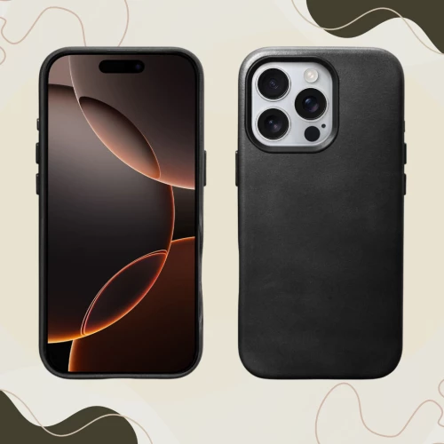 Θήκη iPhone 16 Pro iCarer Leather Back Case With Camera Button Δερμάτινη με MagSafe & Μεταλλικό Πλαίσιο Κάμερας - Black (WMI16240702-BK)