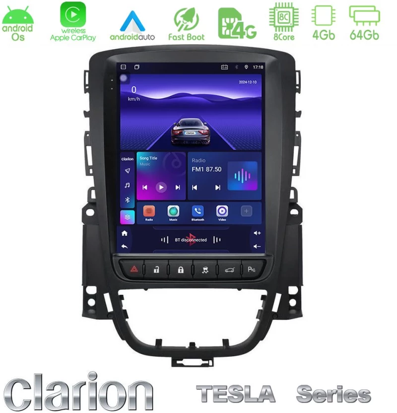 Clarion GL300 Tesla Series Android OS 8Core 4+64GB Opel Astra J 2010-2014 Navigation Multimedia Tablet 9.7"