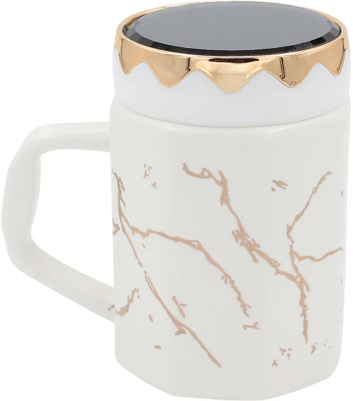 Κούπα κεραμική 320 ml Φ8Χ11,5 εκ. λευκό χρυσό με καπάκι καθρέπτη KESKOR 79191-2