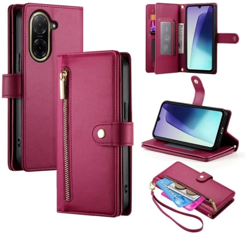 Για Redmi A5 4G 171,2mm / Xiaomi Poco C71 Θήκη Τηλεφώνου Δερμάτινη με Θήκη Κάρτας και Φερμουάρ (Κόκκινο)