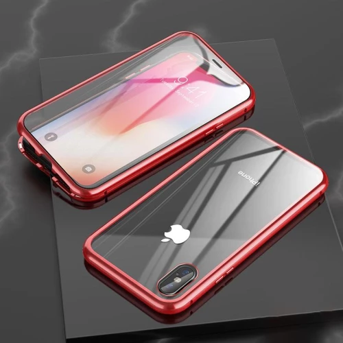 Για το iPhone XR Ultra Slim Double Sides Magnetic Adsorption Angular Frame Tempered Glass Magnet Flip Θήκη(Κόκκινο)