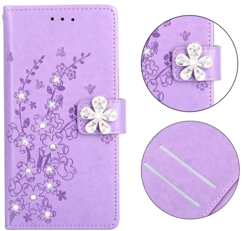 Θήκη δερμάτινη με σχέδιο άνθους δαμασκηνιάς και διαμάντια για Galaxy S10, με βάση & θήκες για κάρτες (Δαμασκηνί Μωβ)